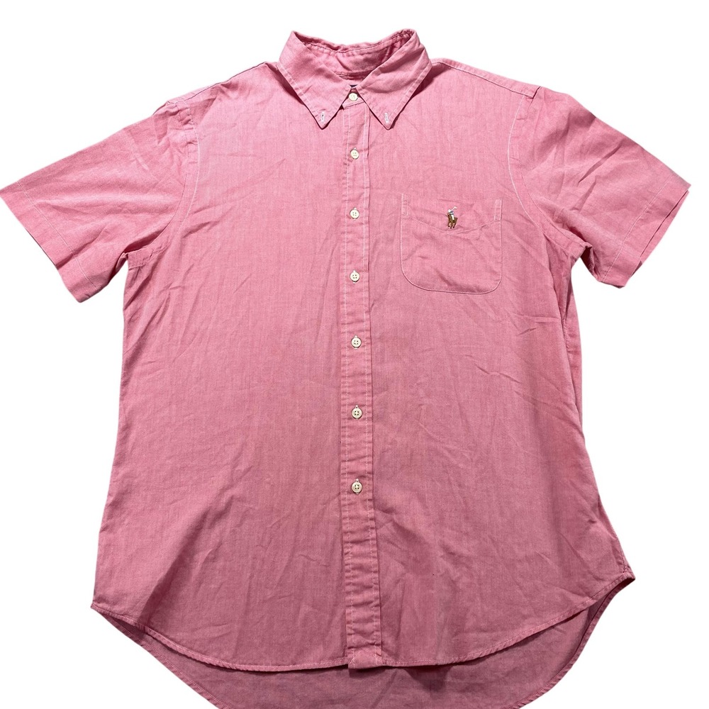 Ralph Lauren Shirt Mens Large Pink Chambray Short Sleeve Button Flesh Pony RL